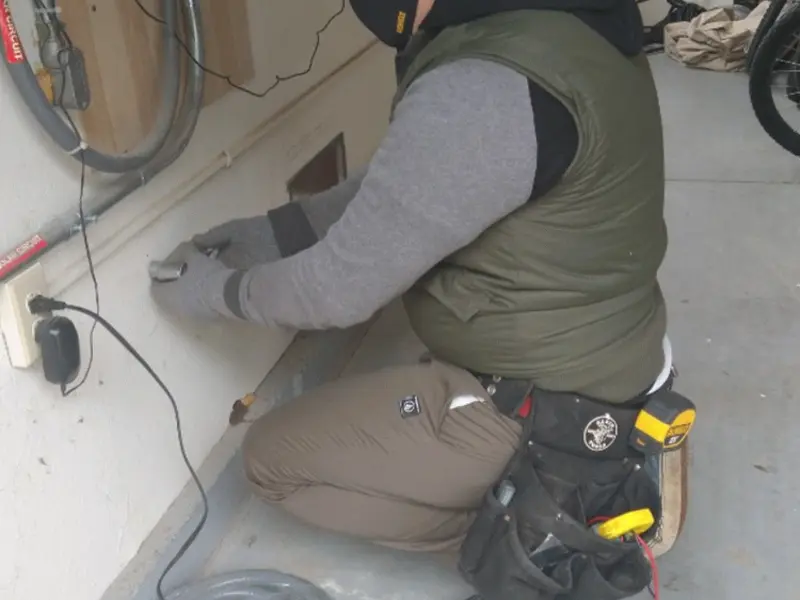 Electrician performing outlet wiring in a Portage garage